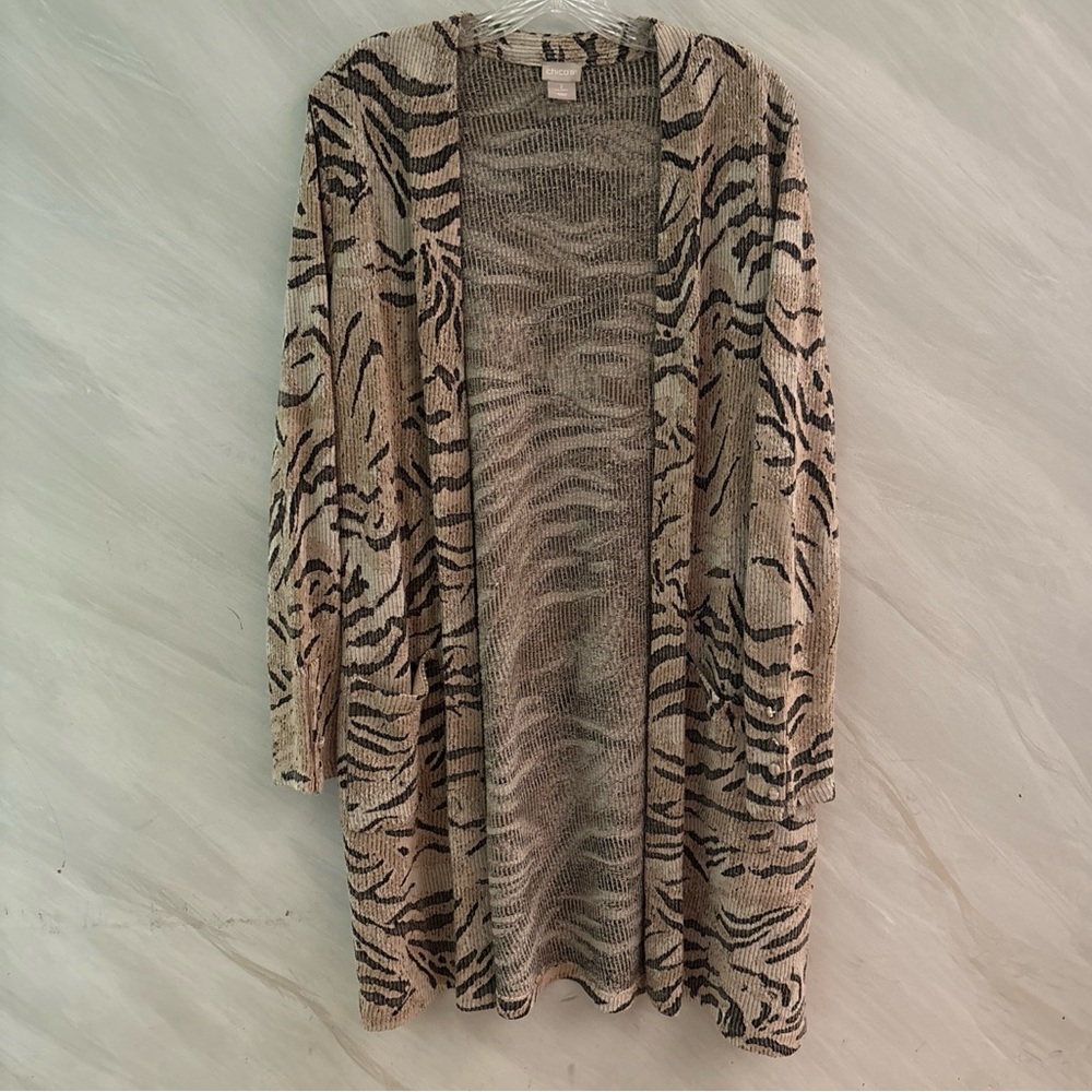 Chico’s 2 (12/14) Brown/Tan Ribbed Animal Print Open Cardigan Sweater